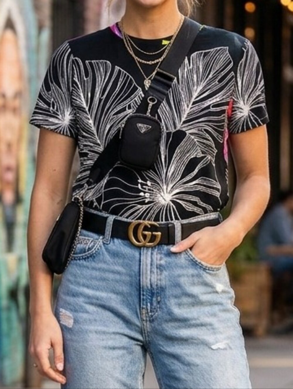 Desigual XL Tropical Monstera Floral Print Short Sleeve Tee Top Black Neon